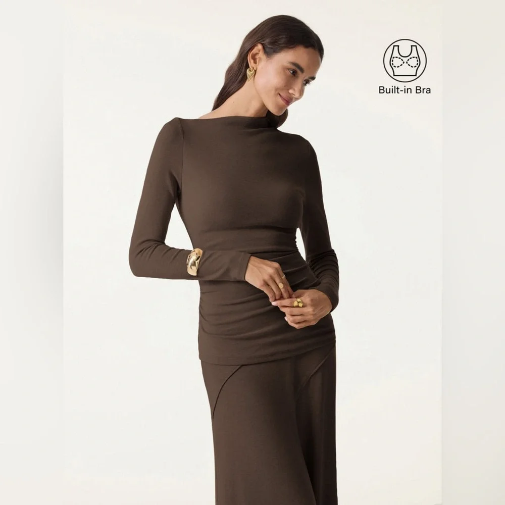 LiteWarm Light Warm Slanted Mockneck Ruched Brami 
Espresso Size Large - Picture 2 of 6